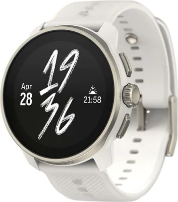 A close-up studio shot of a white smartwatch with a silver bezel and a black screen displaying the time and date.
