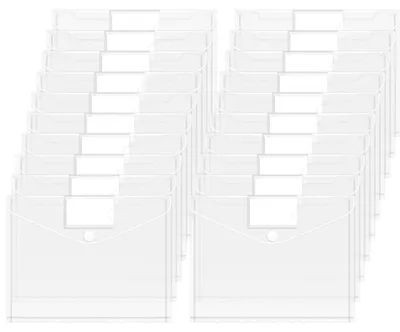 Image de Pochettes pour documents A4, lot de 20, pochettes à 11 perforations, transparentes, imperméables, avec fermeture velcro et emplacements pour étiquettes.