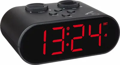 A black digital alarm clock with a red LED display.