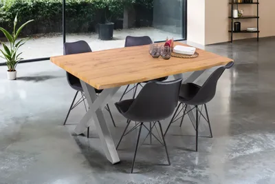 Produktbild von Esstisch Baumkante Holz-Optik Wildeiche 160 x 85 X-Gestell silber JOSY