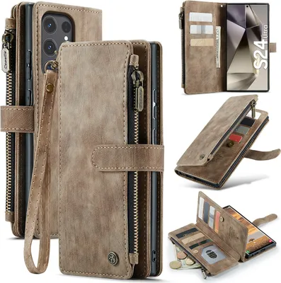 Immagine prodotto di Custodia in pelle per Samsung Galaxy S24 Ultra, custodia in Finto cuoio con cerniera, chiusura magnetica, tasca per carte, supporto, custodia a portafoglio marrone