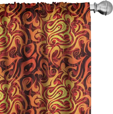 Produktbild von ABAKUHAUS Abstrakt Vorhänge, Gardinen, Surreales Blumenmuster mit Wirbel-Kurven-Laub-Design mit warmen Farben, 2 Stück 75 x 225 cm, Gelb Orange Schwarz
