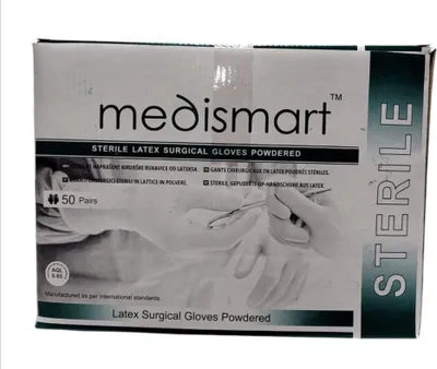 Obrázok produktu pre Rukavice Latexové rukavice s púdrom, sterilné, chirurgické, Medi Smart, veľkosť 65 – 50 párov – zberný kartón