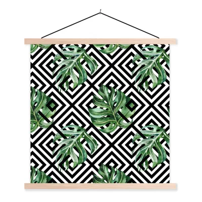 Produktbild von MuchoWow® Textilposter Monstera - Blätter - Tropisch - Dschungel - Muster 60x60 cm mit holzfarbenen Rahmen - Wanddekoration