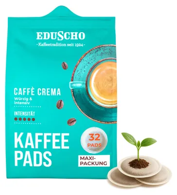 Obrázek produktu pro Eduscho kávové lusky Caffè Crema, 32 lusků, 1 balení, intenzivní chuť, pro všechny kávovary, průmyslově kompostovatelné