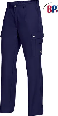 A pair of dark blue cargo pants is shown against a white background.