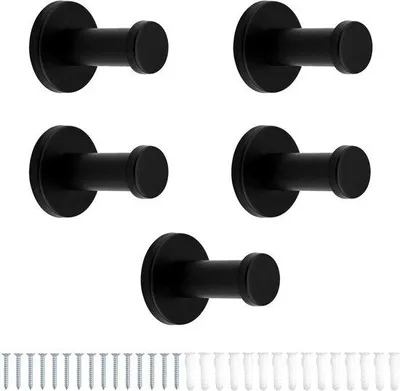 Obrázok produktu pre Ibenzoa® Sada 5 háčikov na zavesenie, matná čierna farba, nerezová oceľ, priemer 53 mm x 8 cm, vrátane skrutiek M6 a hmoždín, nosnosť 20 kg – vhodné do kúpeľne, chodby, kuchyne, kancelárie