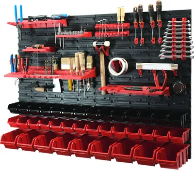 Produktbild von 66 tlg. Werkzeugwand Set 1152 x 780 mm Stapelboxen Werkstatt Werkzeughalterungen Wandregal Sichtlagerboxen