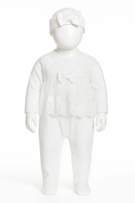 Produktbild von Baby Mädchen Set, Strampler mit Fuß + Stirnband, 100% Baumwolle, Größe: 62, Farbe: Weiß