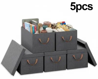 Obrázek produktu pro Úložné boxy s víkem – skládací sada 5 kusů – černá barva – s rukojeťmi – vyrobené z netkané textilie – s kovovou konstrukcí – vhodné k opakovanému použití