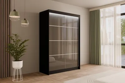 Produktbild von ALTDECOR Kleiderschrank mit Lacobel-Schiebetüren, kugelgelagerte Führungsschienen und Aluminium- Leisten, LED-Beleuchtung (weiß + 16 Farben) und Fernbedienung - PEKA3 - 150 cm Schwarz /  Grau