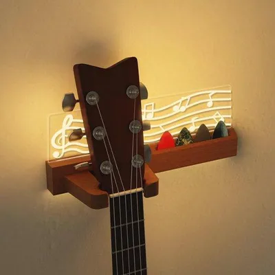 Produktbild von Famanu Gitarrenständer Wandmontage - Holz Gitarrenhalter mit Plektrumhalterung