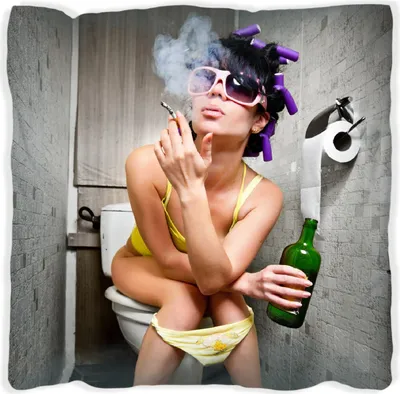 Produktbild von Wallario Premium Kissen, weiche Oberfläche, mit Motiv Kloparty - Sexy Frau auf Toilette Zigarette & Schnapsflasche - farbig, Größe: 30 x 30 cm, mit weißer Rückseite