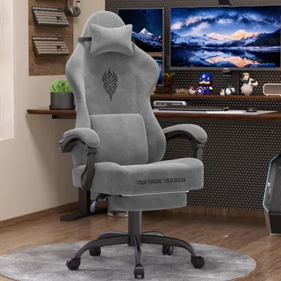 Produktbild von Verdego Gaming Stuhl, Ergonomischer Gaming Sessel Schreibtischstuhl mit Fußstütze Kopfstütze und Lendenkissen, Atmungsaktiver Samtstoff, Hellgrau