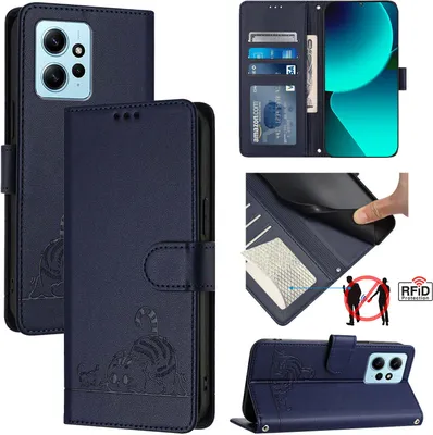 Produktbild von Leder Hülle für Xiaomi Redmi Note 12 4G Süße Katze Flip Case Brieftasche Schutzhülle mit Standfunktion Blau