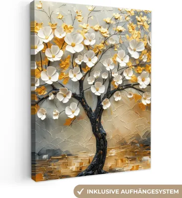 Produktbild von MuchoWow® - Leinwandbilder - Baum - Blumen - Gold - Beige, Wandbild, Wanddeko Bilder Wohnzimmer, 60x80 cm