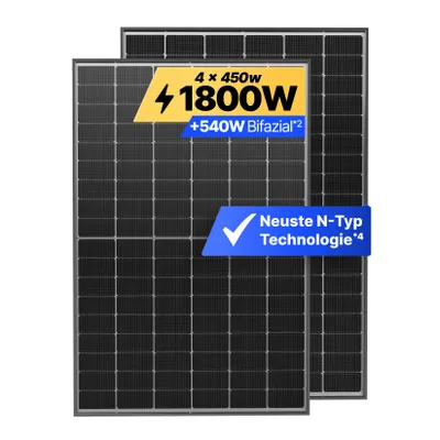 Produktbild von Solakon® Solarmodul 450W Bifazial Glas-Glas N-Type – Black Frame PV Modul 40V für Balkonkraftwerk (4 Stück)