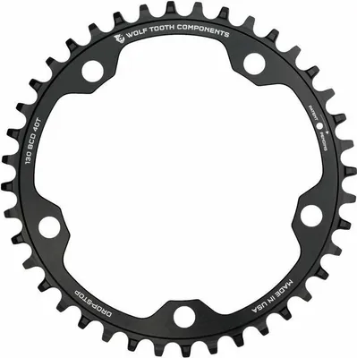 Zdjęcie produktu dla Wolf Tooth Gravel/CX/Road Kettenblatt, 130 BCD, 5-Loch, 38 Z., Drop-Stop B, czarny
