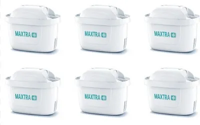 Six Brita Maxtra Plus water filter cartridges arranged in two rows of three.