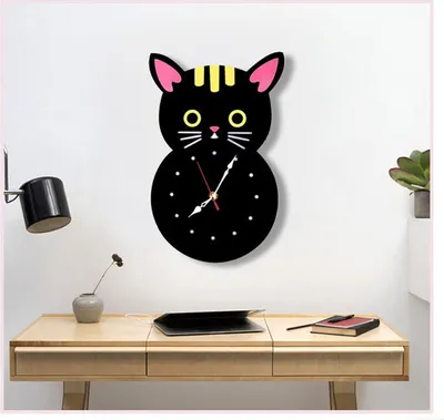 Image de Horloge murale moderne de style simple, mignon dessin animé Kitty modélisation chat horloge murale salon chambre d'enfant horloge murale muette acrylique, 19×29,5 cm