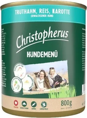 Produktbild von Christopherus Hundemenü mit Truthahn, Reis, Karotte 800 g, Adult, jede Rasse, Karotte, Reis, Türkei, 800 g, Ohne Soja