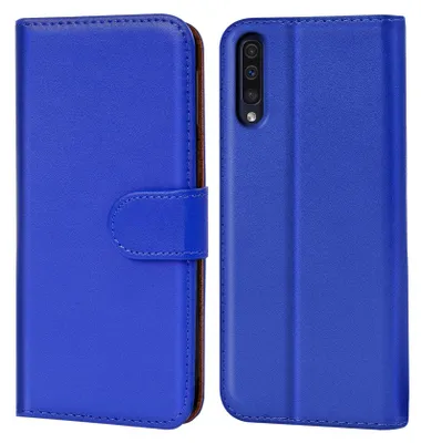 A blue flip case for a smartphone is shown from the front and back.