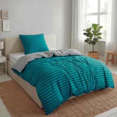 Produktbild von Baumwoll Bettwäsche 135x200 cm, 2-teiliges Set, Streifenmuster, Wende Bettbezug 135x200 cm, Kissenbezug 80x80 cm, Renforcé, atmungsaktiv, elegant Petrol