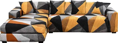 Produktbild von Sofa Überwürfe Sofabezug L Form Elastische, Stretch Sofaüberwurf Antirutsch 2er Set 3 Sitzer + 3 Sitzer Sofahusse Sofa Bezug für L-Form Sofa mit 4 Stücke Kissenbezug (Grau Gelb)