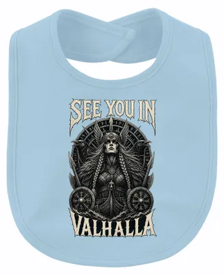Productafbeelding van Tot ziens in Valhalla. Walkur, Vikingen, krijgerin, raven, Odin, Noords. Babykleding, lichtblauw, one size