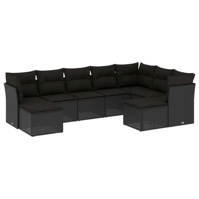 Image de vidaXL Ensemble de salon de jardin 9 pièces avec coussins noir poly rotin
