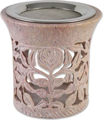 Produktbild von 10x10 cm beige Speckstein Rauchgefäß Sieb Ø 9cm Motiv Ranken Weihrauch Stövchen