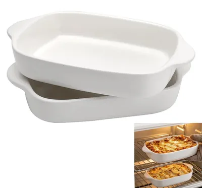 Image de Plat à four en céramique, lot de 2, plat à lasagnes rectangulaire avec poignées, plat résistant aux rayures pour gratins et tiramisu, résistant à la chaleur et au lave-vaisselle, blanc