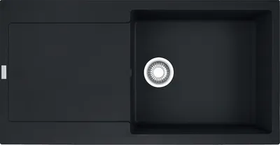 A top-down view of a black kitchen sink with a drainer.