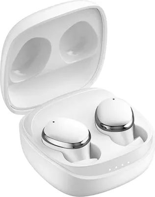 A pair of white wireless earbuds with silver accents are shown inside their open white charging case.