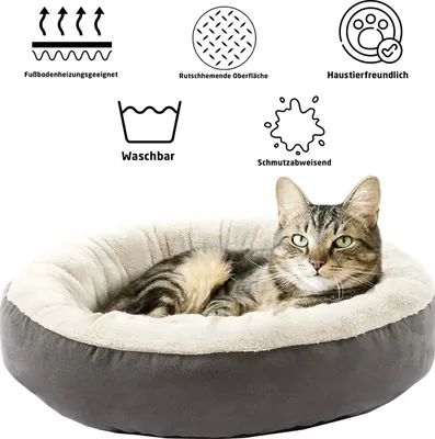 Produktbild von Katzenbett rund 55cm grau weiß kuschelig weich Plüsch Hundebett Katzenkissen Haustierbett waschbar rutschfest Schlafplatz