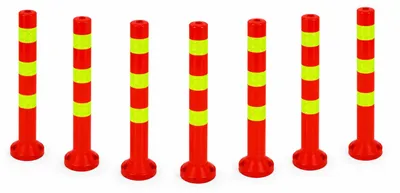 Produktbild von 7er Set - Sperrpfosten [Höhe-68cm] - Absperrpfosten Kunststoff reflektierend | Absperrung mit Standfuß [Befestigung mit Schrauben] | Absperrständer | Park Pfosten Farbe Rot | Leitpfosten | Poller