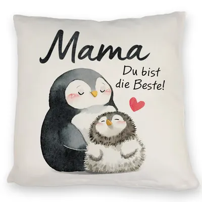 Produktbild von Pinguin Mutter und Kind Kissen mit Spruch Mama du bist die Beste