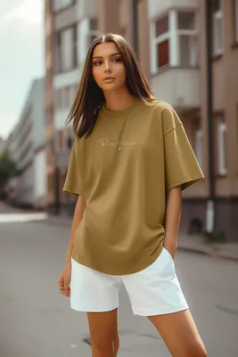 Produktbild von Reichstadt Damen Oversized T-Shirt Brand Stick 23RSW044 Khaki M