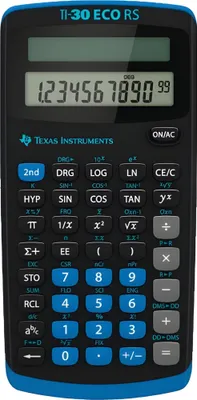 A TI-30 ECO RS calculator is shown from a front-facing, slightly angled perspective against a black and blue background.