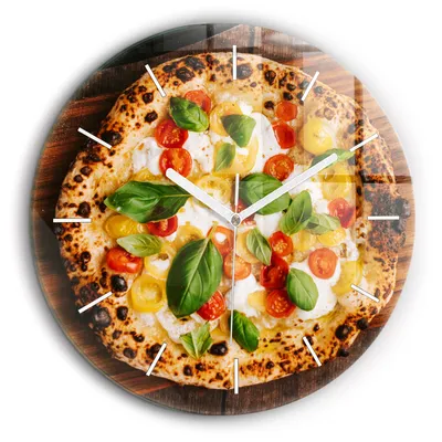 Produktbild von Wallfluent Große Wanduhr – Stilles Quarzuhrwerk - Uhr Dekoration Wohnzimmer Schlafzimmer Küche - Zifferblatt mit Striche - weiße Zeiger - 60 cm - Italienische Pizza