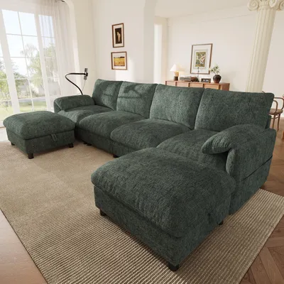 Produktbild von okwish Modulares Ecksofa mit Type‑C‑Laden und 360°‑Handyhalter, Wohnzimmersofa mit zwei Stauraum Hockern, U-förmiges Sofa, Grün