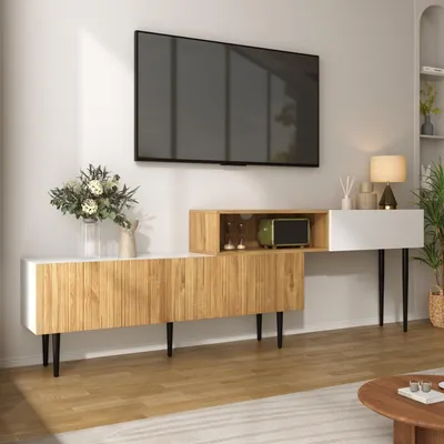 Obrázok produktu pre Sweiko Moderná TV skrinka s nastaviteľnou dĺžkou, Modulárna dvojdielna konštrukcia, Vzhľad dreva + matná biela, Čierne kovové nohy, Multifunkčný nábytok do obývačky