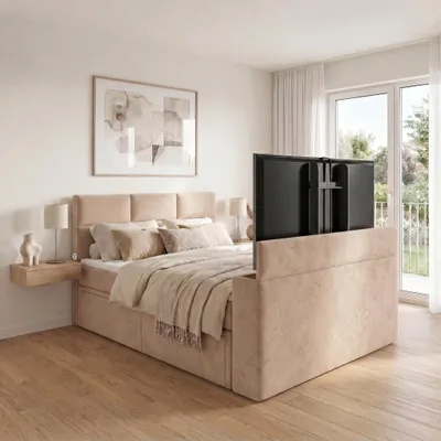 Produktbild von ELVORA DESIGNE Boxspringbett 180x200 cm SMARTCUBE-TV mit Bonellmatratze H3 & Topper, 2 Schubladen, Hellbraun