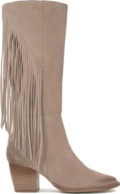 Produktbild von Damen Stiefel aus dunkelbeigem Veloursleder mit Fransen, 6,5 cm Absatz, 38 cm Schaftumfang