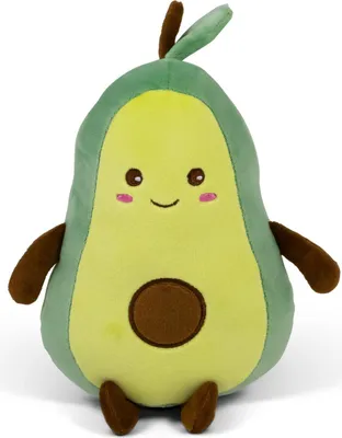A plush toy avocado sitting against a white background.