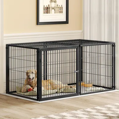 Image de Cage pour chien modulaire 160 x 80 x 80 cm, cage pour chien flexible avec couvercle de sécurité et porte réglable, en acier avec protection antirouille, avec revêtement PVC, noir