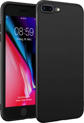 A black silicone phone case is shown next to an iPhone.