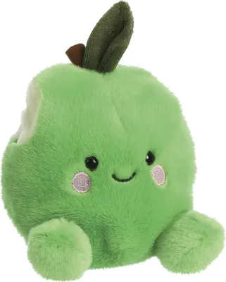 A plush toy apple with a bite taken out of it.