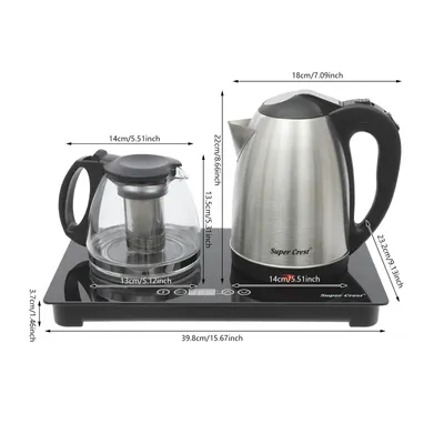 A tea set with a kettle and a teapot on a black induction heating plate, with dimensions indicated by measurement lines and text.