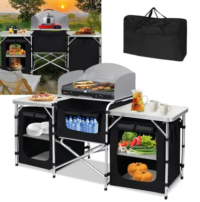 Immagine prodotto di Cucina da campeggio pieghevole - Struttura in alluminio - Con piano di lavoro e borsa da trasporto - 5 scomparti